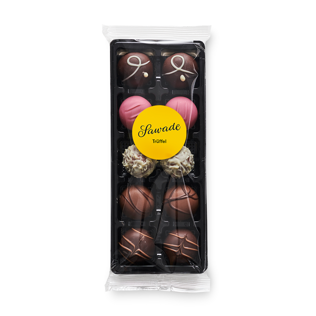 Premium Auslese Trüffel Produktbild: Trüffel Auslese mit je zwei Mousse au Chocolat, Cointreau-Butter, Marc de Champagne, Butter-Trüffel, Whiskey-Trüffel Sorten im Blister